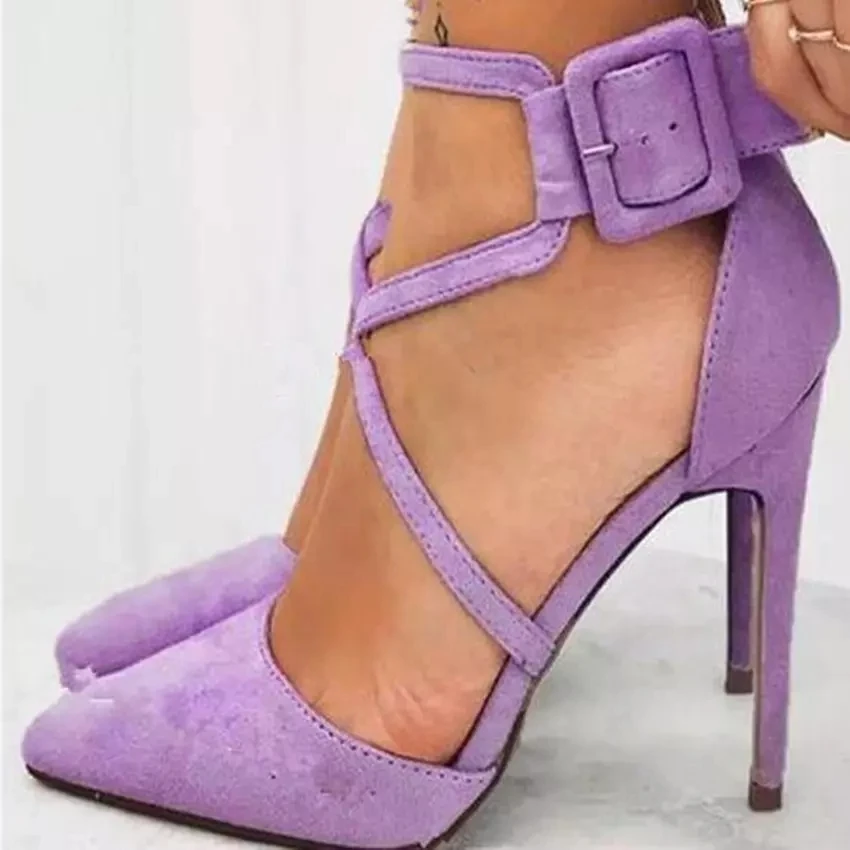 Lavender purple Suede Cross Strap Ankle Square Buckle Pumps Stiletto Heels  Pointed Toe Mixed color Banquet high heel Shoes