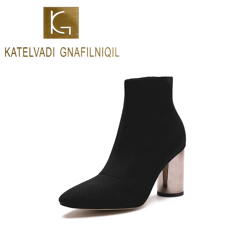 

KATELVADI Stretch Knitting Women Sock Boots Silver Round Heel Ankle Boots For Women Pointed Toe Slip On Short Women Boots K-598