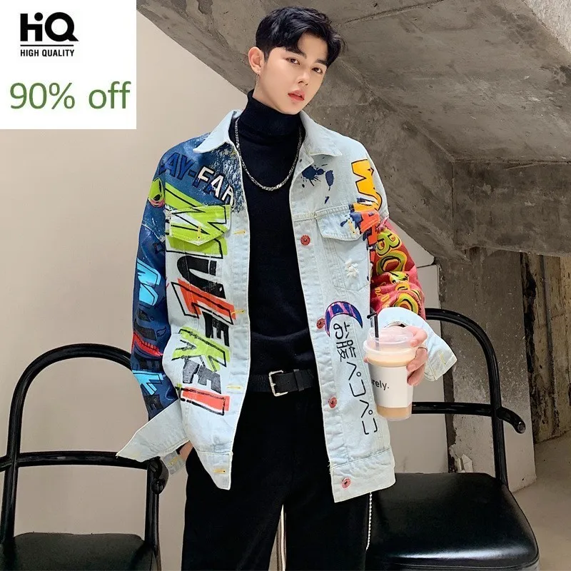 

High Street New Brand Graffiti Mens Loose Fit Denim Jackets Hip Hop Long Sleeve Single Breasted Hole Ripped Male Outerwear Coats