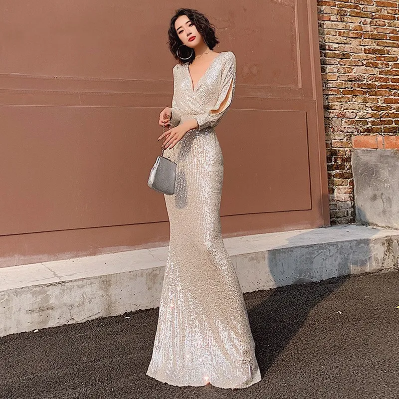 Вечерние платья цвета шампанского Robe De Soiree K063 Длинные рукава Глубокий v-образный вырез Формальные платья Русалка Длинные элегантные тонкие платья для выпускного вечера