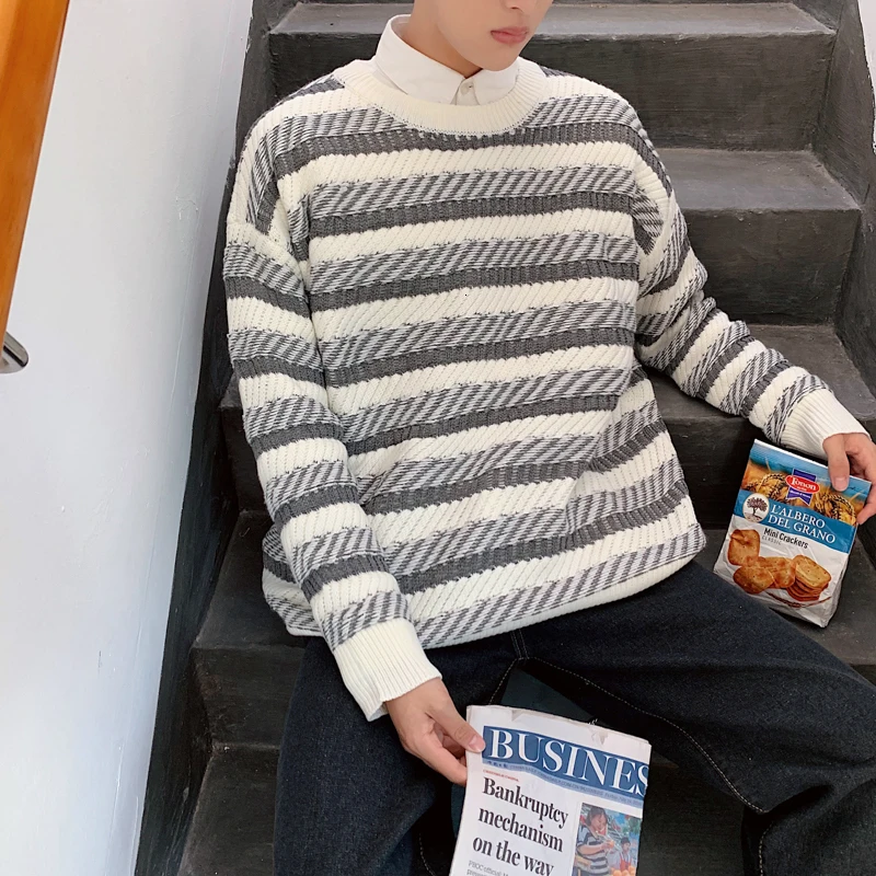 Winter Sweater Men Warm Fashion Contrast Color Striped Knit Sweter Man Clothes Streetwear Loose Casual Long-sleeved Pullover Men Winter Sweater Men Warm Fashion Contrast Color Striped Knit Sweter Man Clothes Streetwear Loose Casual Long-sleeved Pullover Men