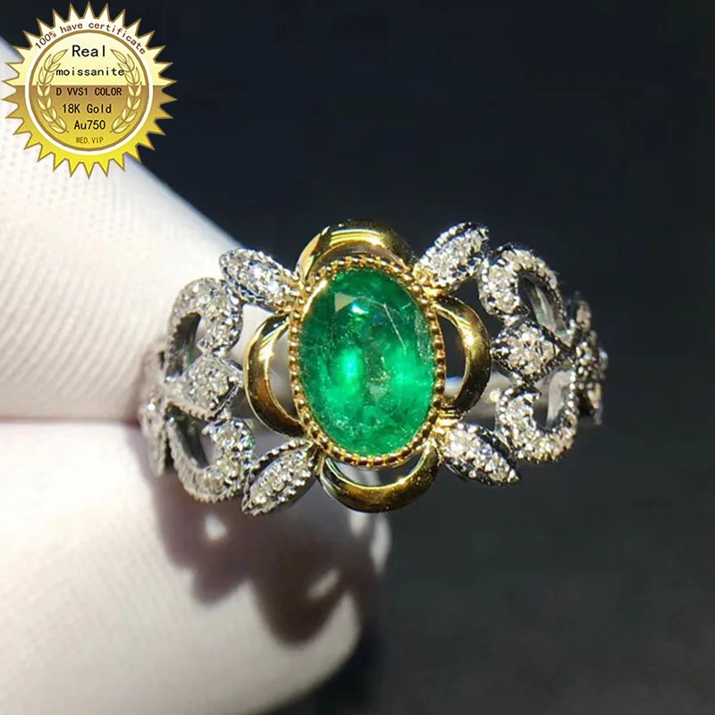 9K Gold ring Lab Created 1ct Emerald and Moissanite Diamond Ring With