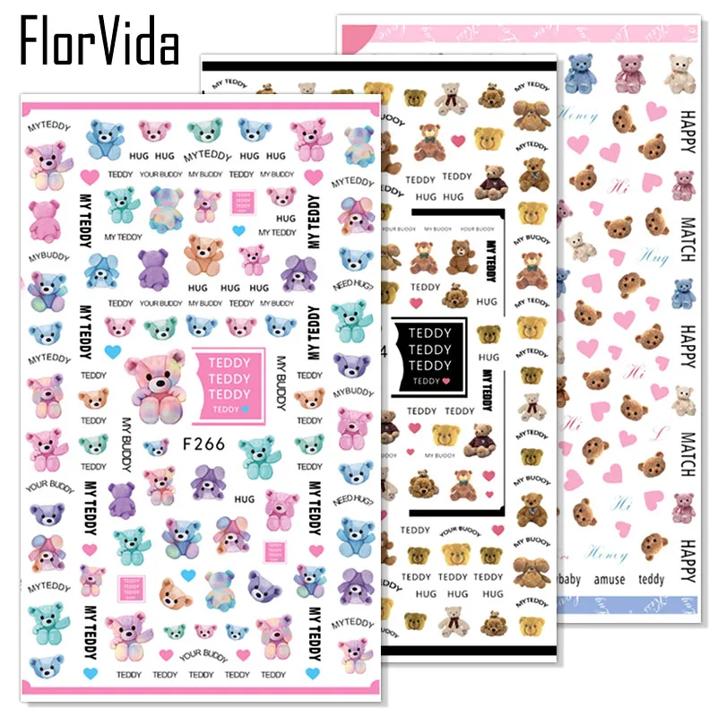 FlorVida F261-304 наклейки для ногтей хлопок плюшевый медведь Советы цветочный переводной узор дизайн для ногтей с клеем украшения для ногтей