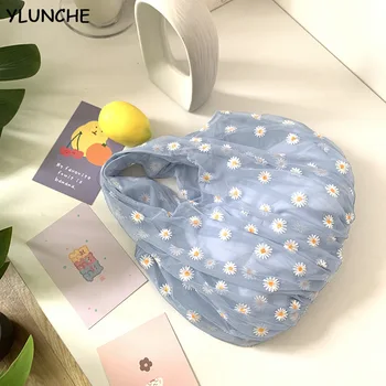 

2020 Spring Women Small Transparent Tote Mesh Cloth Bag Daisy Embroidery Handbag High Quality Eco Fruit Bag Purse For Girls