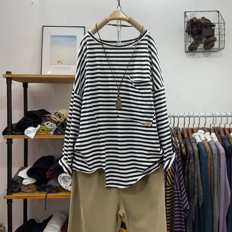 Camiseta informal holgada de manga larga para mujer, ropa de algodón con 100% y bolsillos grandes, cuello redondo, a rayas, para primavera y otoño, V218