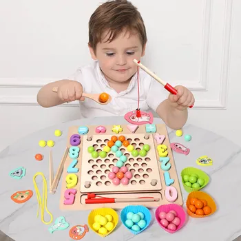 

Kids Early Learning Educational Montessori Toys Set Wooden Color Sorting Clip Beads Threading Beads Fishing Toys