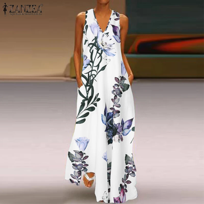 ZANZEA 2019 Fashion Summer Sundress Women Long Maxi Vestidos Floral Printed Bohemian Dress Ladies Casual Pockets Long Tunic Robe