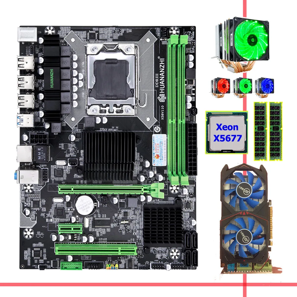 Best Price HUANANZHI X58 Pro motherboard with CPU Intel Xeon X5677 3.46GHz 6 heatpipes cooler RAM 32G(2*16G) video card GTX750TI 2GD5 GPU