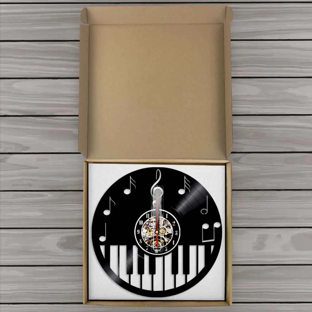 Фортепианная клавиатура домашний декор Виниловая пластинка настенные часы лист Музыка Фортепиано скрипичный ключ Примечания декоративные виниловые часы музыка подарок