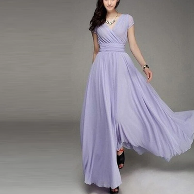 Женское длинное богемное Макси-платье с коротким рукавом, облегающие и расклешенные вечерние платья длиной до щиколотки, женское пляжное платье с v-образным вырезом, Vestidos 3XL - Цвет: Лаванда