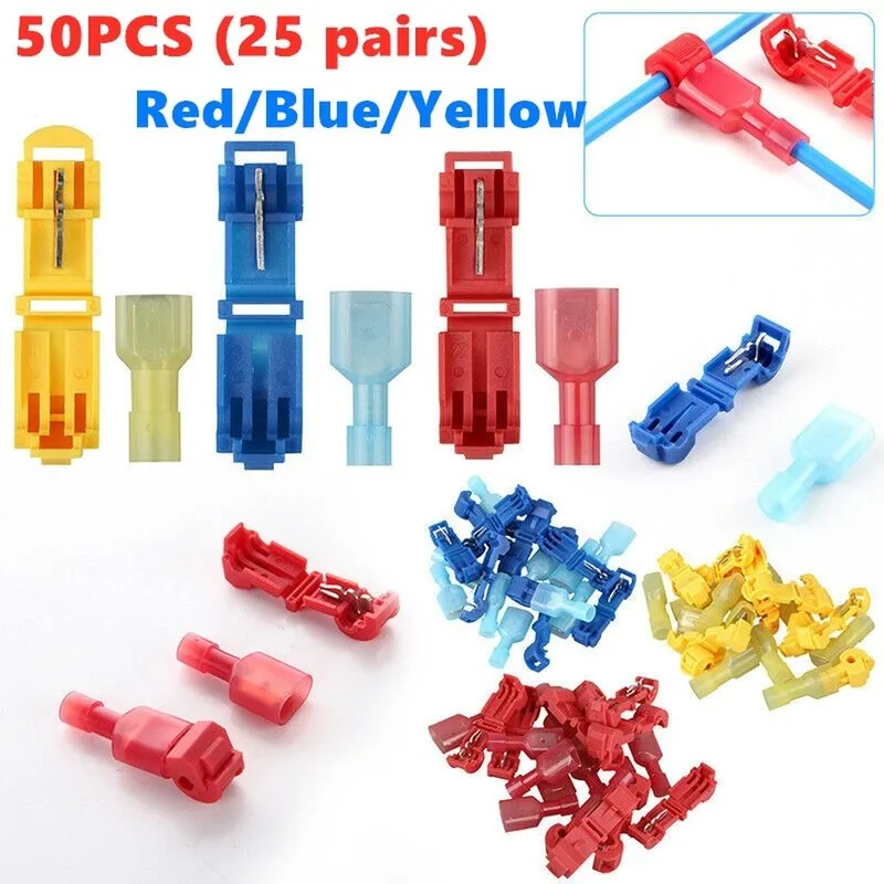 

50PCS (25set) Red/Blue/Yellow Wire Terminals Crimp Scotch Lock Quick Splice Electrical Car Audio 22-10AWG 0.5mm-6mm Kit Tool Set