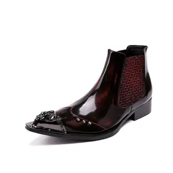 

Italian 2020 New Design Slip On Chelsea Boots For Men Genuine Leather Office Work Formal Metal Pointed Toe Red Dress Shoes Male