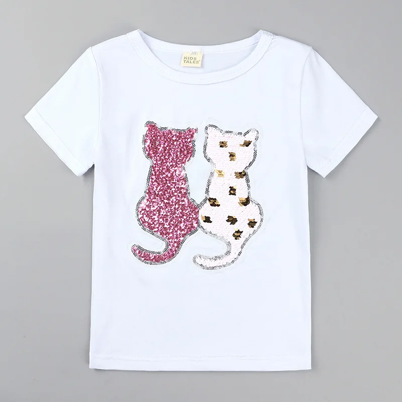 Летние футболки для девочек хлопковая Детская футболка с рисунком кота, Единорога и пайетками, Двусторонняя Футболка для мальчиков детская белая футболка с рисунком вспышки детская одежда