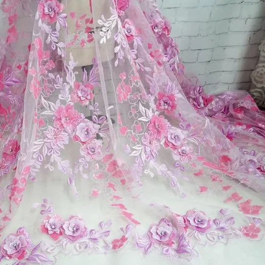 1 ярд персиковый розовый/шампань розовый/розовый Сиреневый великолепное 3D цветочное кружево, аппликация, ткань, стразы, вышивка, кружево