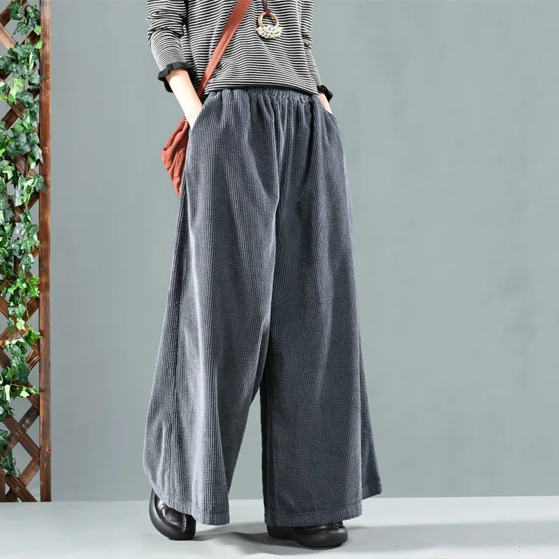 Осень Зима широкие брюки Ретро свободные женские брюки женский эластичный пояс однотонный вельветовый смешанный Женский Повседневный брюки - Цвет: Серый