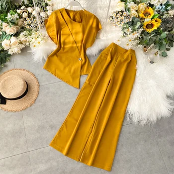 

FTLZZ New Summer Women Irregular Sleeveless Solod Color Crop Tops Elastic Waist Wide Leg Loose Long Pants Two Piece Set