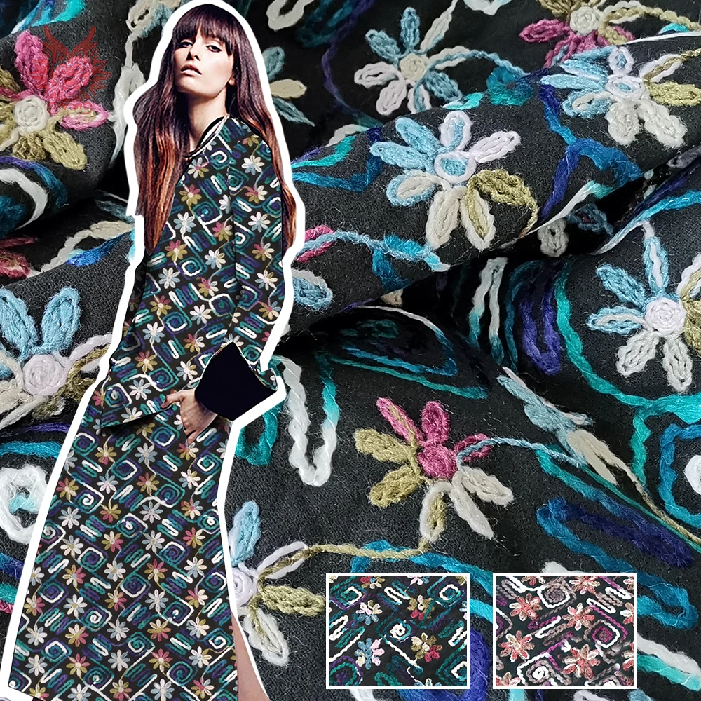 Синяя фиолетовая Цветочная Вышитая шерстяная ткань для зимнего пальто платье плотная смешанная ткань tela tejido для шитья SP4273
