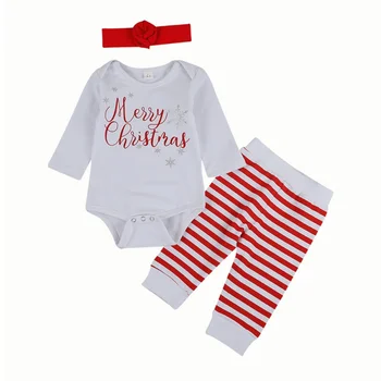 

3pcs Newborn Girl Clothing Set Merry Christmas Letter Bodysuit Baby Rompers Striped Pants Headbands Baby Girls Set