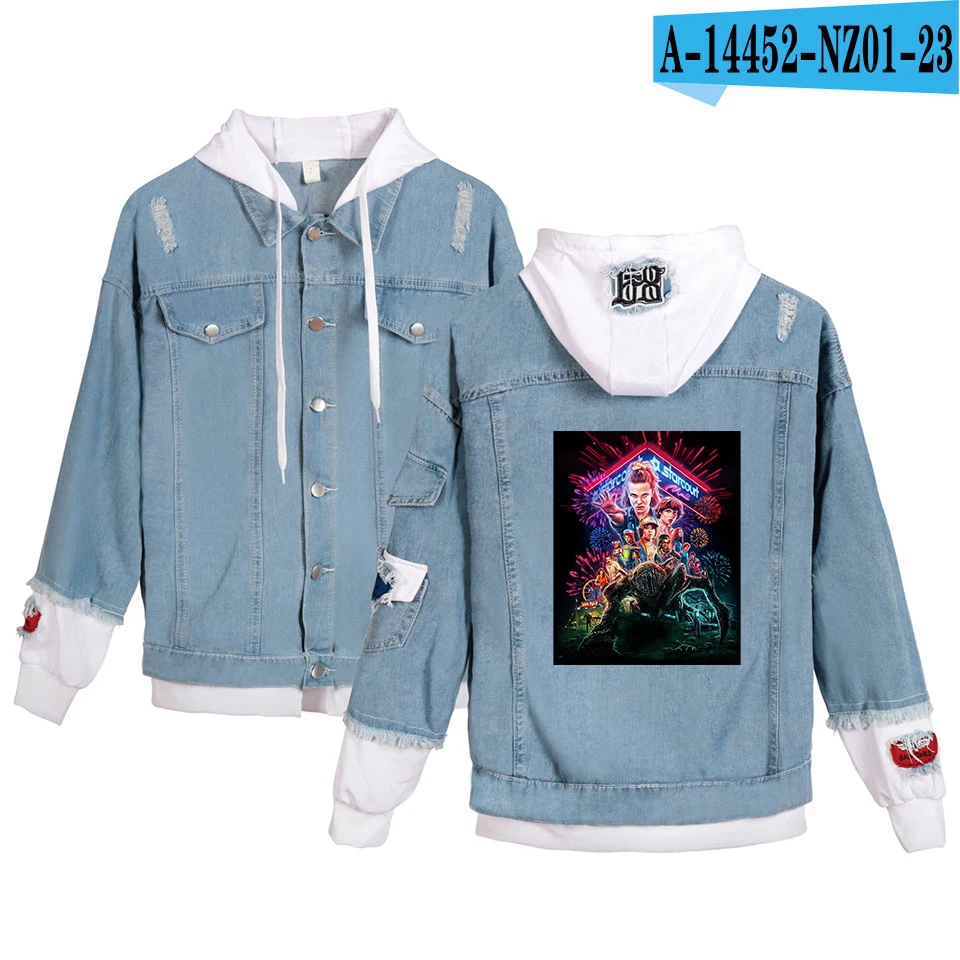 Light blue and white Странные Вещи Толстовка джинсовая куртка для мужчин и женщин Новое поступление креативный бренд дизайн ТВ серии странные вещи мальчик/девочка толстовки - Цвет: Light blue and white