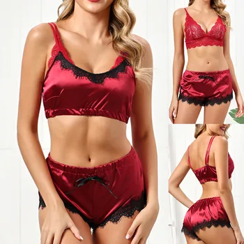 

Delicate Women Lace Sleepwear Lingerie Camisole Bow Trousers Casual Comfortable Honeymoon Pajamas Lady Underwear Set S-XL 2020