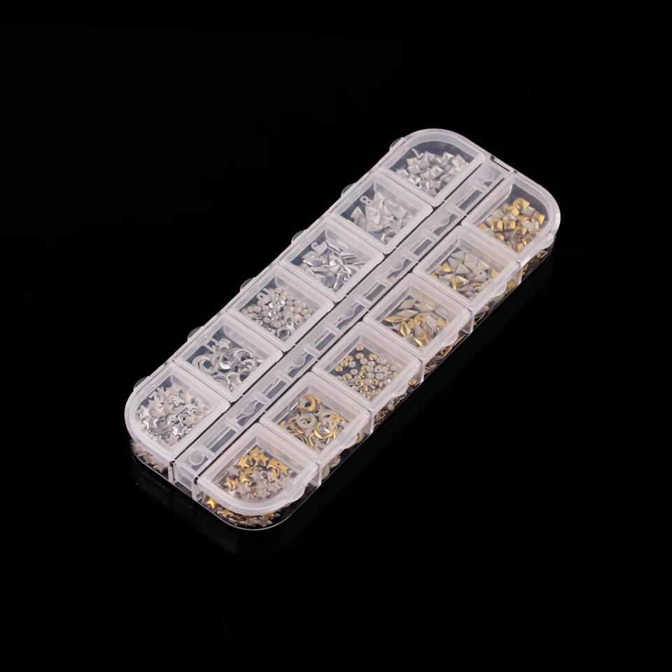 1 Boxed 12 Grids Rose Gold 3D Alloy Metal Nail Rivets Charms Nail Studs Nail Ornament Heart Star Moon Cross Nail Art Decorations 2