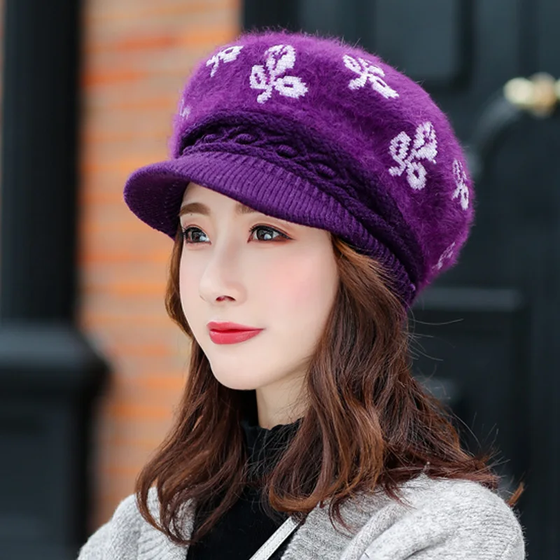 purple Элегантные женские вязаные шапки, шапка из кроличьего меха, осенне-зимние береты, женская модная шапка Skullies Beret - Цвет: purple