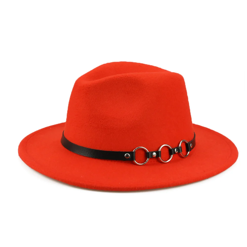 YY металлические кольца ремень Fedora кепки женские зимние с широкими полями фетровые шляпы мужские винтажные Трилби Джаз кепки весенние шапочки FD19065 - Цвет: Orange Felt Cap