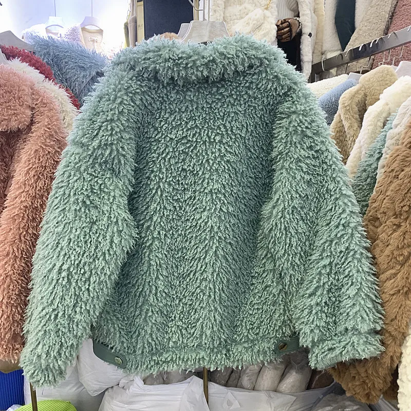 Осень/Зима, новинка, корейский мех ягненка, короткое пальто для женщин, сплошной цвет, утолщенная теплая куртка из овечьей шерсти, женская верхняя одежда размера плюс