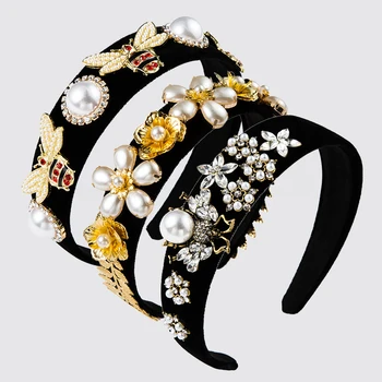 

Dvacaman Baroque Flower Simulated Pearl Headband Women Gold Color Metal Bee Headband Luxury Wedding Headpiece Hair Accessories
