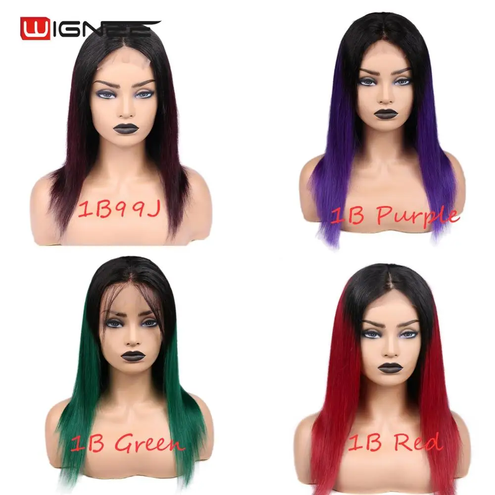Wignee 4*4 Lace Closure Straight Human Wig For Black/White Women Brazilian Hair Ombre Purple Glueless Middle Part Lace Human Wig