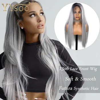 

YYsoo Long Two Tone Ombre13x6 Synthetic Lace Front Wigs for Women#2 Dark Roots Grey Color Silky Straight Heat Resistant Hair Wig