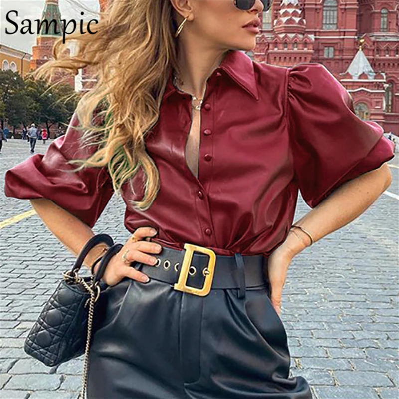 Sampic женская блузка из искусственной кожи с длинным рукавом пышная винтажная