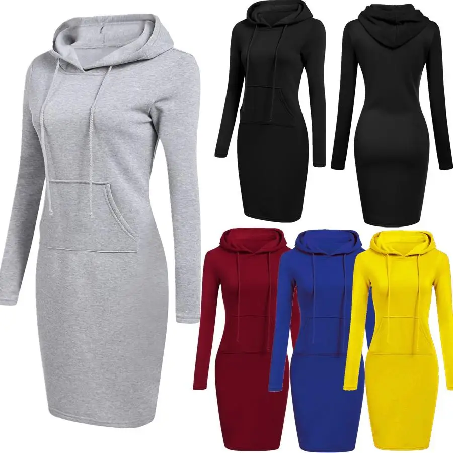 

3 Colour S-2XL Women Knee Length Casual Hooded Pencil Hoodie Long Sleeve Sweater Pocket Bodycon Tunic Dress Top