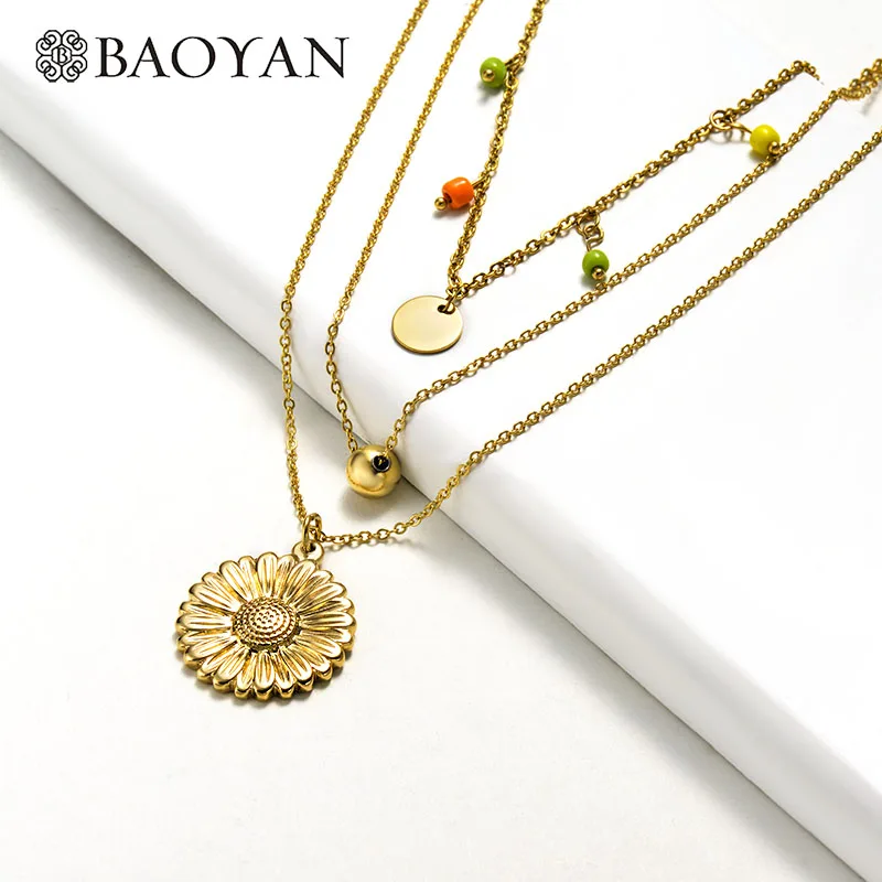 Baoyan модное многослойное ожерелье минималистичное ожерелье ручной работы из натурального камня с бусинами Золотое большое круглое колье с ангелом для женщин