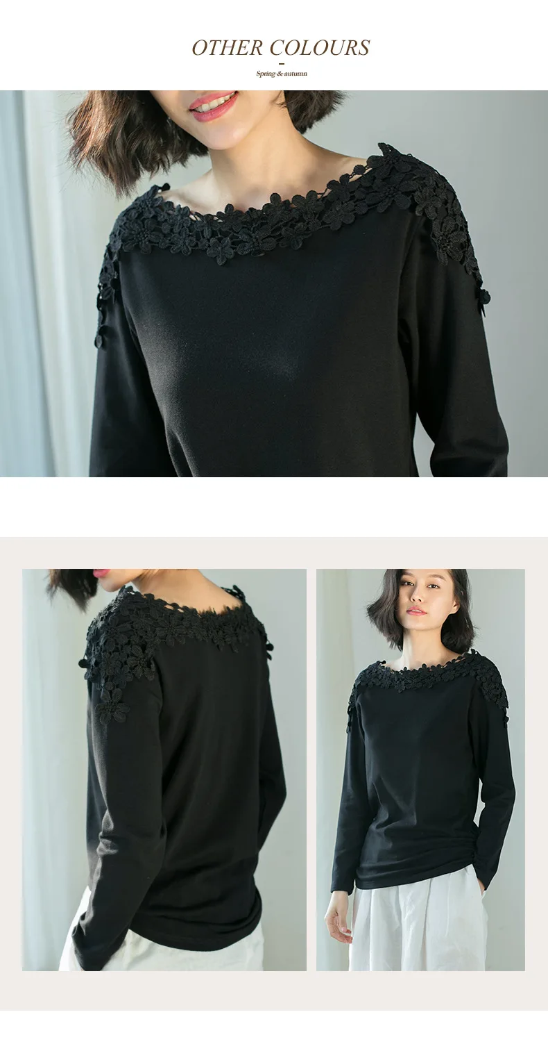 Plus Size M-4XL Female T-shirt Long Sleeve Lace Winter T-shirts For Women Slashneck Side Pleated Cotton Casual Top Tee Camisetas