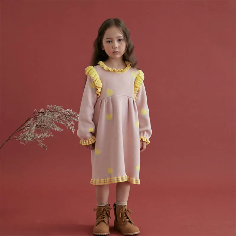 Rona Jane/Детские зимние вязаные платья для девочек; красивое теплое платье-пачка в Корейском стиле; цвет розовый, красный; платье-свитер в клетку с галстуком-бабочкой