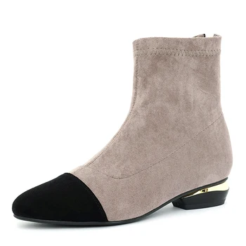 

Matte Suede Low-Heeled Elastic Boots Slim Back Zipper Leather Inside Oversized Khaki Ankle Boots Gray Elegant Women's Shoes