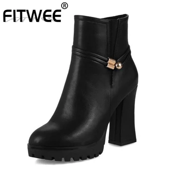 

FITWEE Women High Heel Boots Round Toe Platform Zipper Ankle Boots Winter Office Keep Warm Shoes Women Footwear Size 31-43