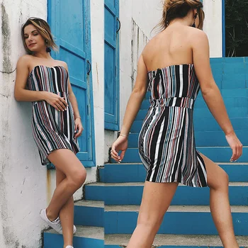 

Off Shoulder Onesies Women Sexy Jumpsuit Shorts Striped Summer Rompers Sexy Sleeveless Short Jumpsuit