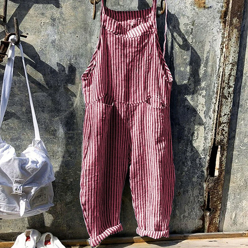 Summer Jumpsuit Womens Casual Baggy Striped Wide Leg Overalls Dungarees Jumpsuit Women Street Daily Cotton Linen Jumpsuit S-XL