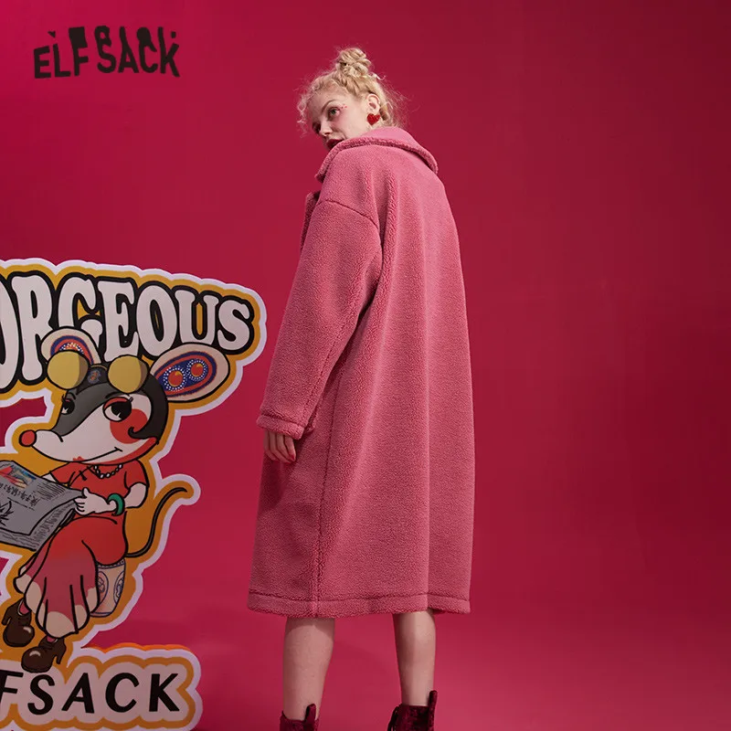 ELFSACK, розовое однотонное прямое двубортное шерстяное пальто с вышивкой крысы для женщин, зимняя женская верхняя одежда с зеленым карманом в Корейском стиле