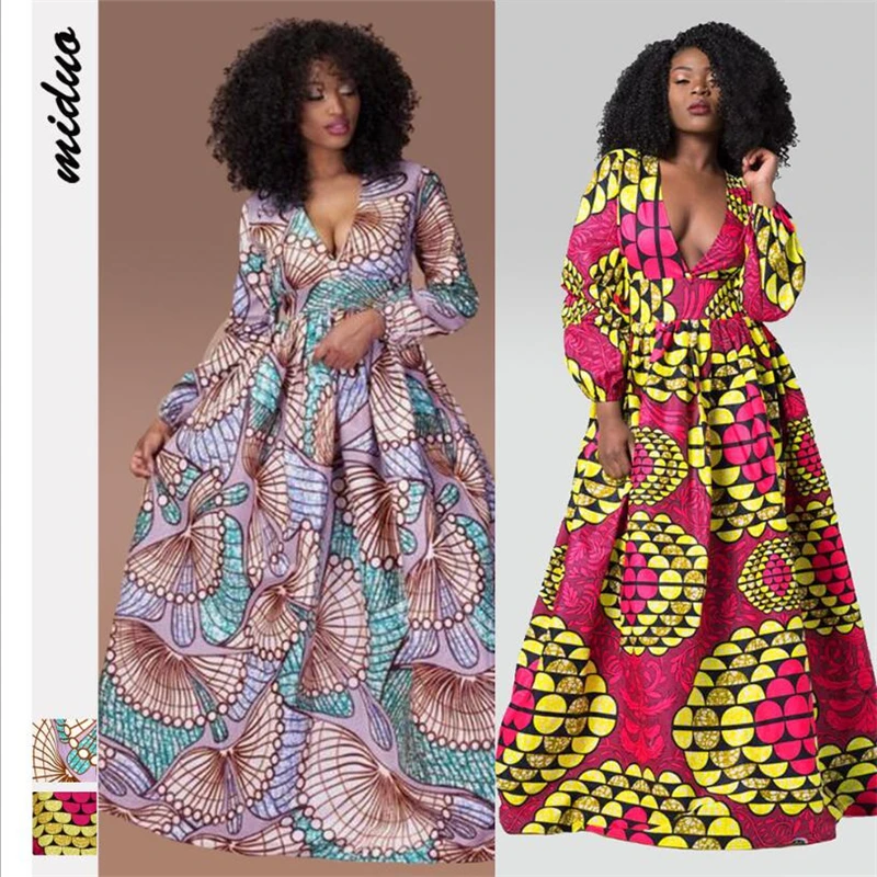  2019 Fashion long sleeve african maxi dresses for women plus size ladies ankara print nigeria wear 