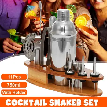 

11pcs 750ml Stainless Steel Cocktail Shaker Set Drink Mixer Jigger Strainer Bar Set Supplie With Bamboo Stand Cocktail Wine Bar