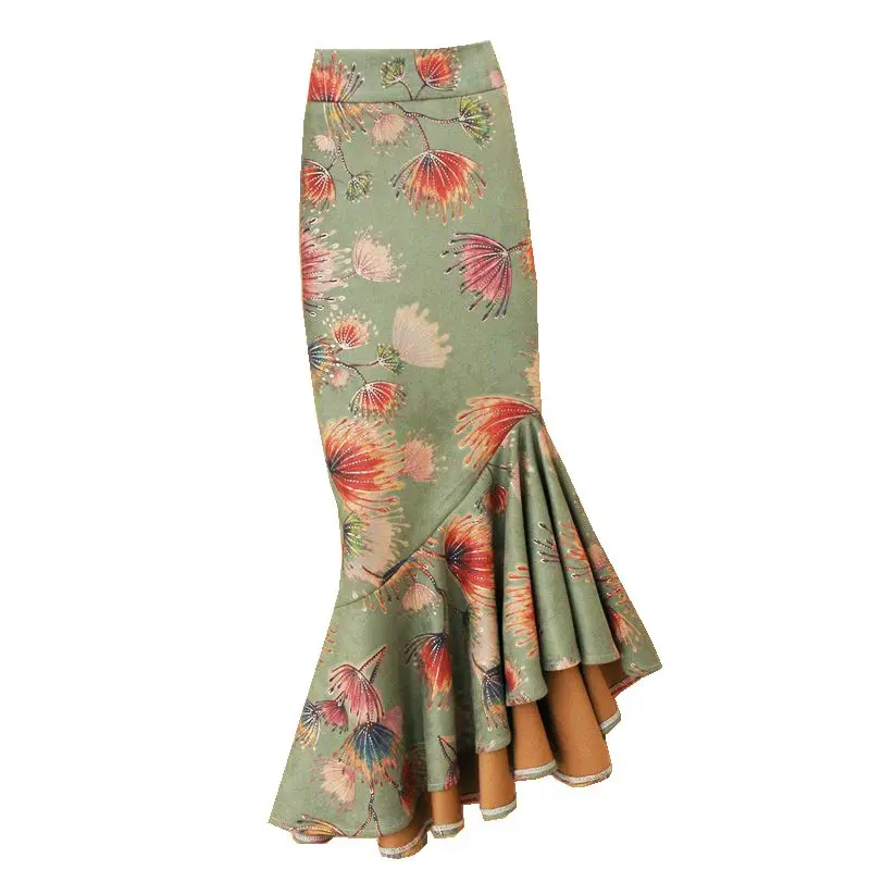 Free Shipping 2021 Long Mid-calf Skirt Women Plus Size S-4XL Mermaid Style Stretch Ladies High Waist Suede Skirt Flower Skirt chinese wind dance fan ladies gauze maid folding single paragraph unisex multicolor grownups bamboo 2021