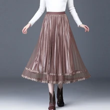 Korean Fashion Pleated Skirts Womens Elegant Women Lace Midi Skirt Woman Gold Velvet Mesh Skirts Woman High Waist Long Skirt OL