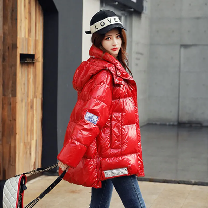 Winter Down Coat Women Fashion shine! 90% white duck down fluffy Red DownJacket Female Fashion Warm Hooded Waterproof Jackets - Цвет: red