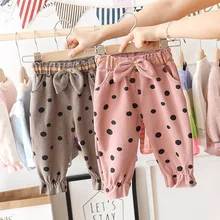 Новинка; брюки в горошек с бантом для маленьких девочек; Слаксы для маленьких девочек; сезон весна-осень; детские штаны