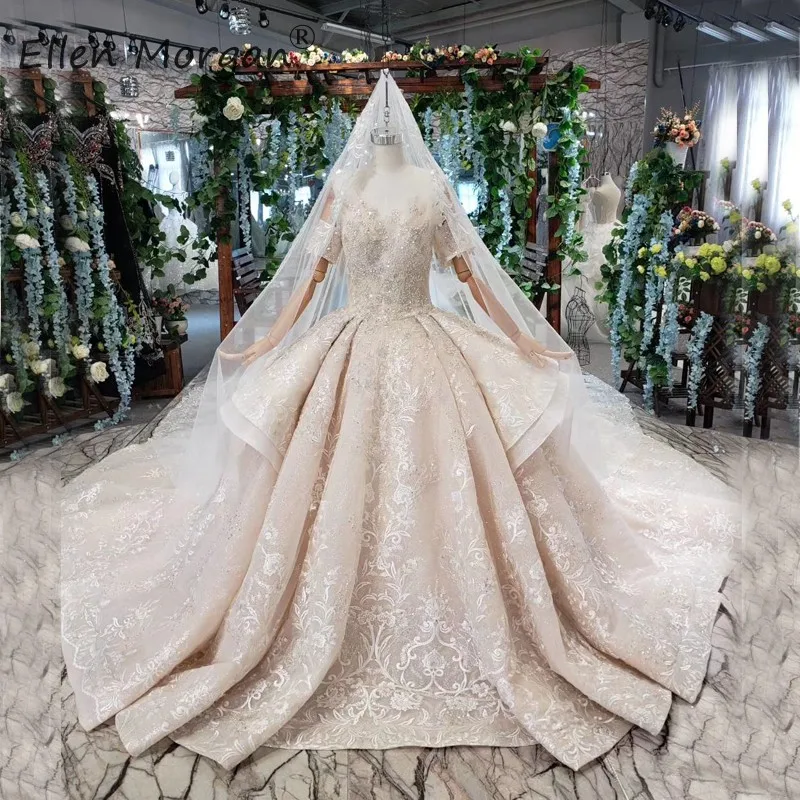 

Saudi Arabian Luxury Lace Wedding Dresses Sweetheart Ball Gowns Short Sleeve Ruffles Beads Chaple Train Vestidos De Novia 2019