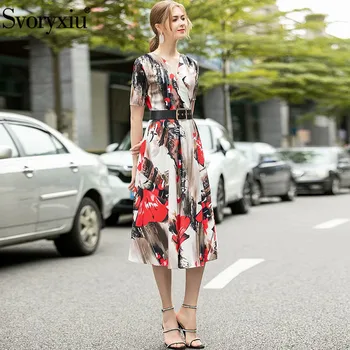 

Svoryxiu 2020 Fashion Designer Summer V-Neck Dresses Women's Short Sleeve Pattern Print Vintage Midi Dress + Sashes