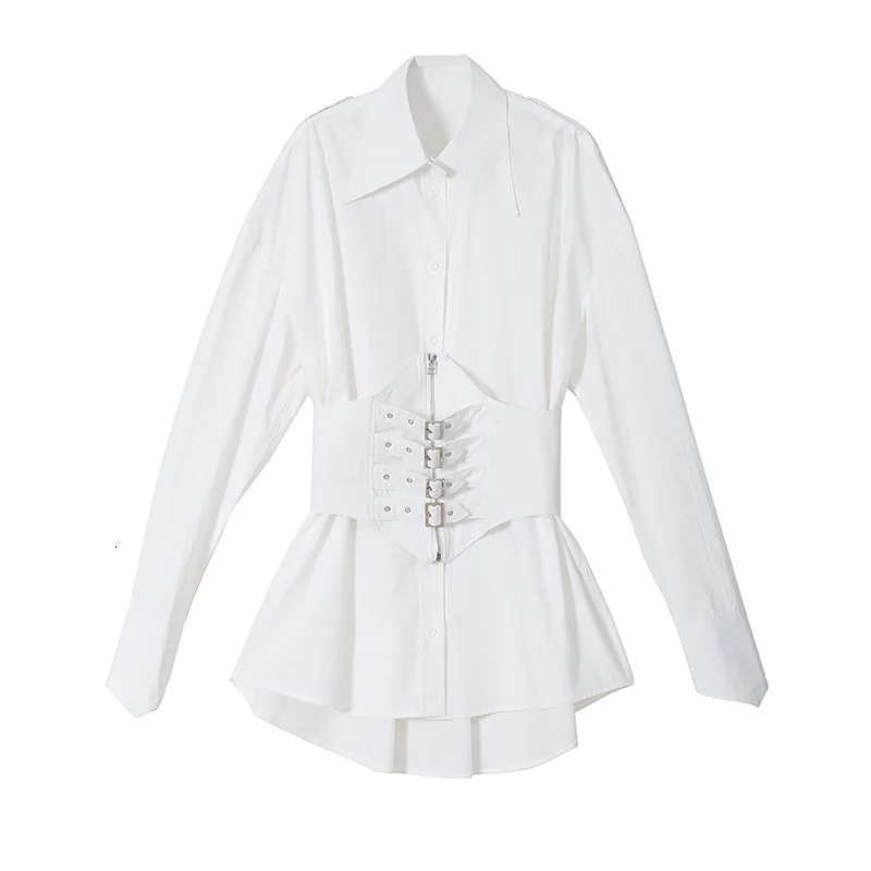 [EAM] Женская Черно-белая темпераментная Блузка с поясом, новая свободная рубашка с отворотом и длинным рукавом, модная весенняя Осенняя 1A241 - Цвет: white
